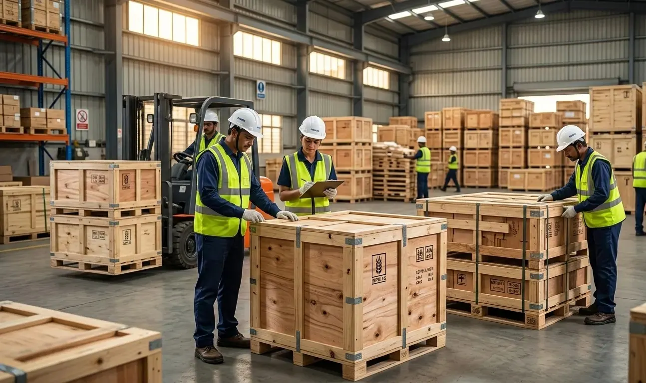 ISPM-15 certified wooden pallets being loaded into export container